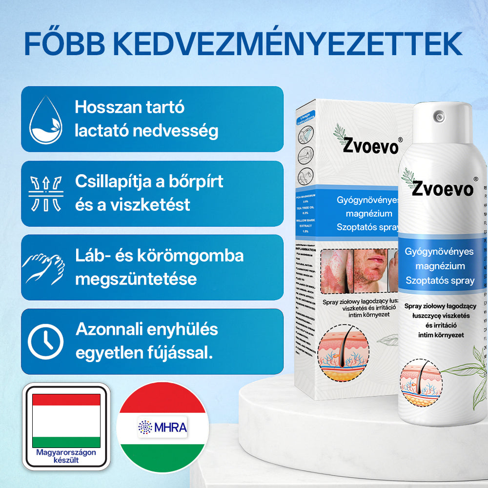 ✅ Hivatalos bolt: Zvoevo® Magnéziumos gyógynövényes spray pikkelysömörre ⚕️ MHRA tanúsítvánnyal (enyhíti a pikkelysömört, ekcémát, kezeli pattanásokat, szemölcsöket, javítja bakteriális fertőzéseket)